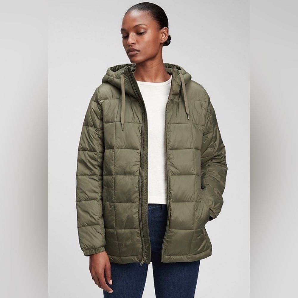 Gap Green Lightweight Puffer Jacket Size XS Water Resistant Hooded Coat Full Zip
